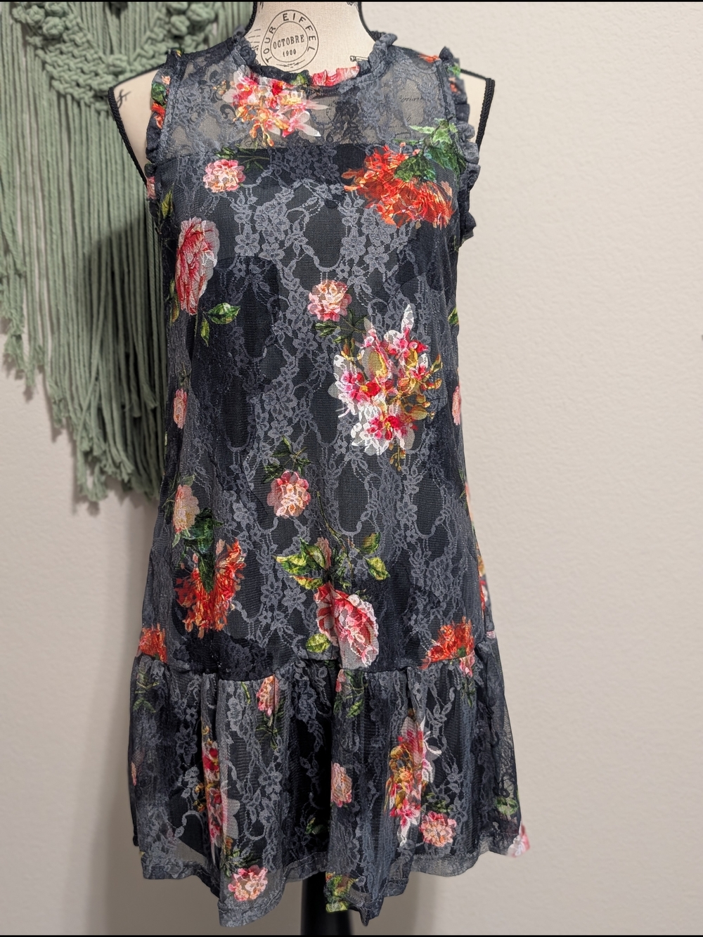 Floral Lace Overlay Sleeveless Mini Dress in Black